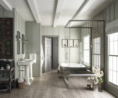 Şık banyo iç rustik desenli. 3D render