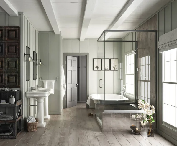 Elegant Bathroom Interior Rustic Accents Rendering — Stock Photo, Image