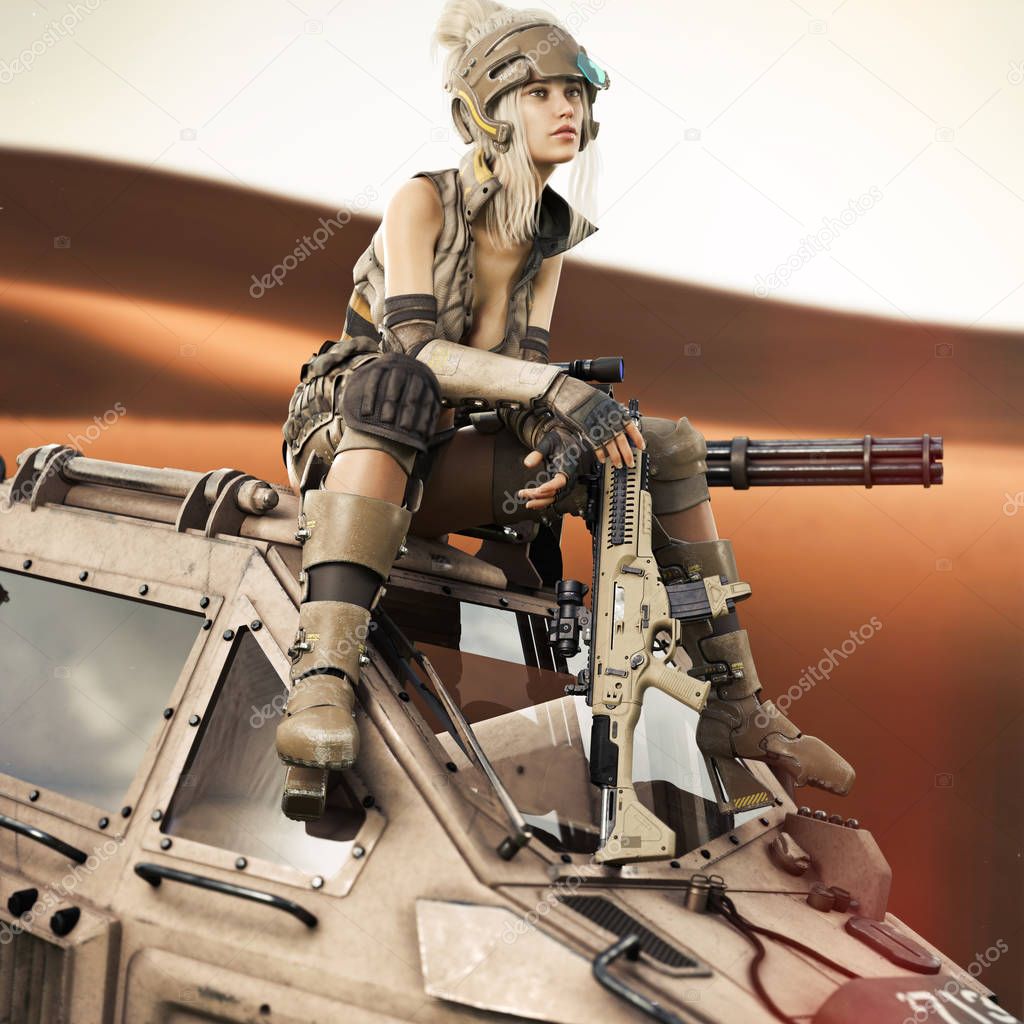 Futuristic Female soldier sitting on top of her piloted Mech robot machine. 3d rendering 
