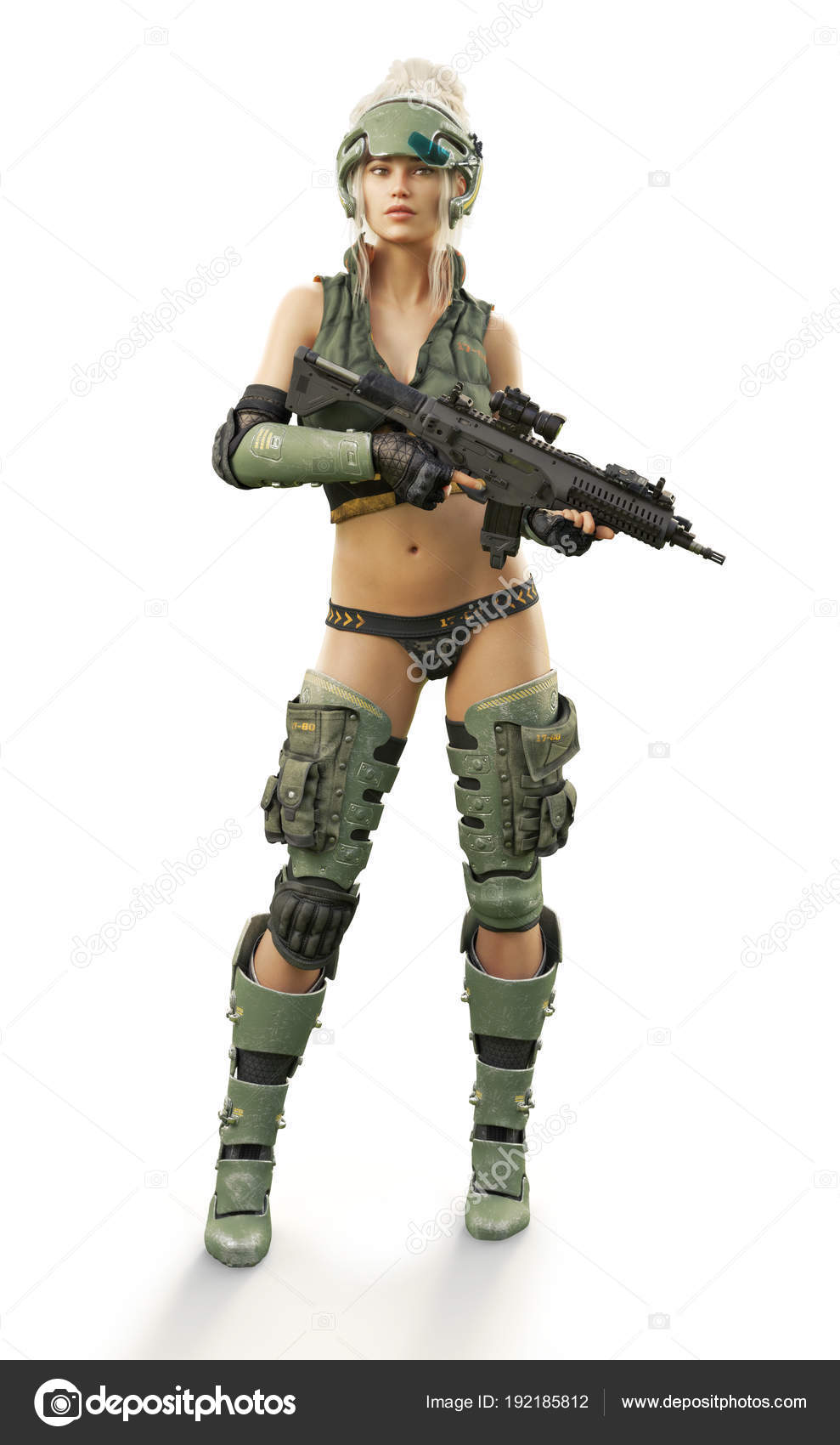 Futuriste Blonde Blindée Merc Tenant Fusil Laser Posant Avec