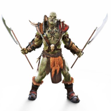 Savage Orc Brute savaşçı geleneksel zırh savaşa hazır giyen. Fantastik temalı karakter izole bir beyaz zemin üzerinde. 3D render