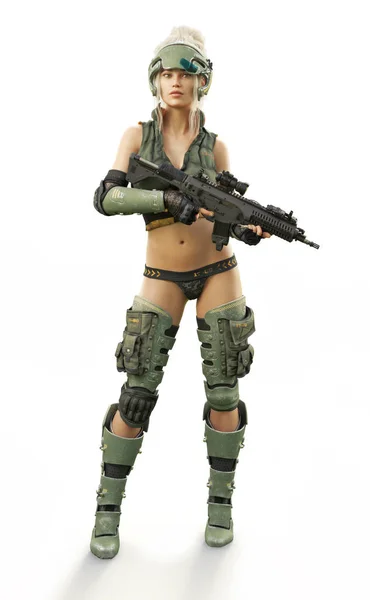 Futurista Blindado Loira Fêmea Merc Segurando Rifle Laser Posando Com — Fotografia de Stock