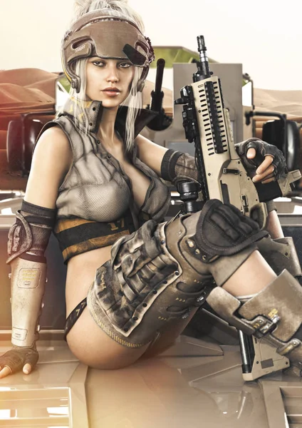 Futuristisches Militärisches Thema Weibliche Posiert Auf Einem Gepanzerten Fahrzeug — Stockfoto