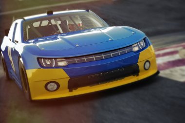 Bir parça aşağı hızlandırmak motor sporları yarış araba önden açılı görünüş. Genel yarış araba 3d render.