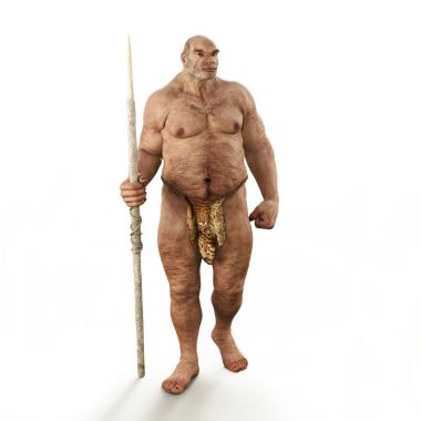 Erkek bir Neandertal Tarih öncesi mağara adamı portresi. 3D render