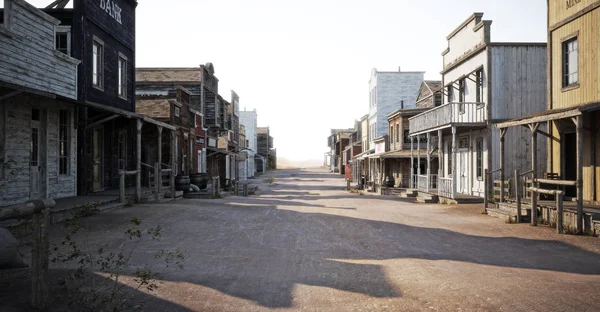 Çeşitli işletmeler ve alan derinliği olan Batı kasabası yol. 3D render