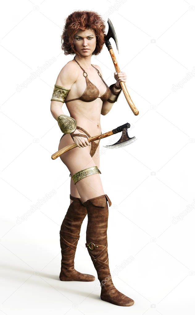 Portrait of a barbarian female with red hair and duel axes posing on a white background. 3d rendering