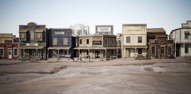 Rustik bir antika batı kasabası çeşitli işletmeler ile geniş yan görünüm. 3D render