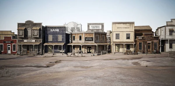 Široké Boční Pohled Rustikální Starožitný Westernové Městečko Různými Podniky Vykreslování — Stock fotografie