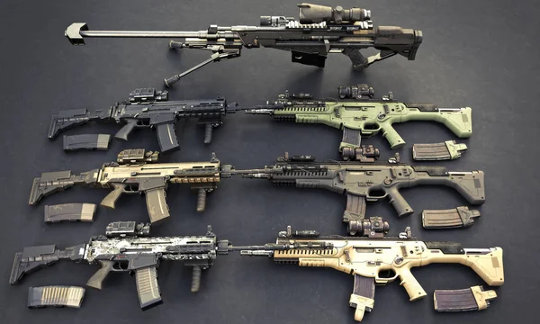 Cache Armas Com Espingardas Assalto Automáticas Acessórios Rifle Sniper Consistindo — Fotografia de Stock