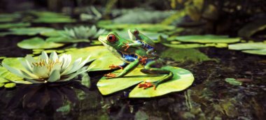 Kurbağa aile bebek sırt ile lily pad üzerinde oturuyor. Liderlik, koruma, güvenlik, aile kavramı. 3D render
