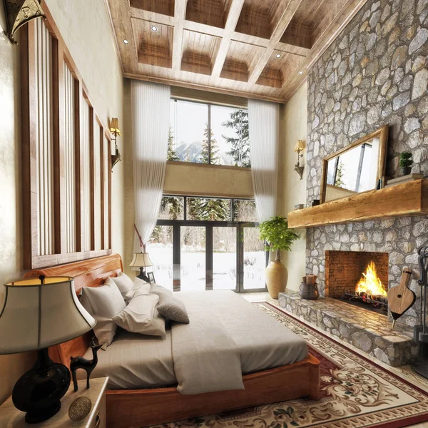 Luxurious Cabin Interior Bedroom Design Rustic Accents Roaring Stone Fireplace Stock Image
