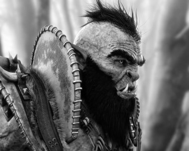 Siyah beyaz ormanda devriye gezen zırhlı bir ork portresi. 3d oluşturma