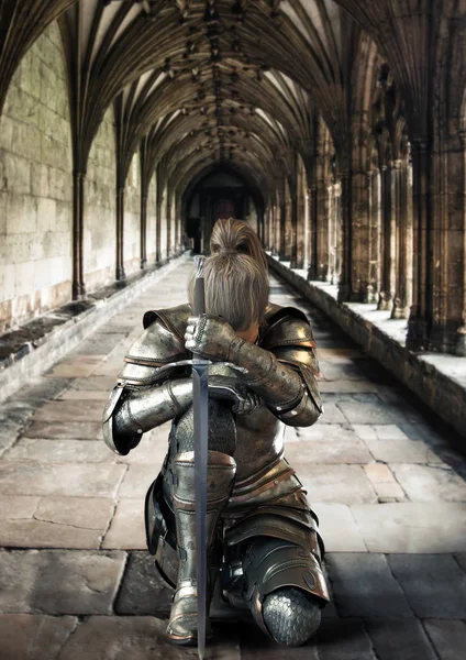 女战士骑士自豪地跪在地上 身穿装饰金属盔甲 手持剑 3D渲染 — 图库照片