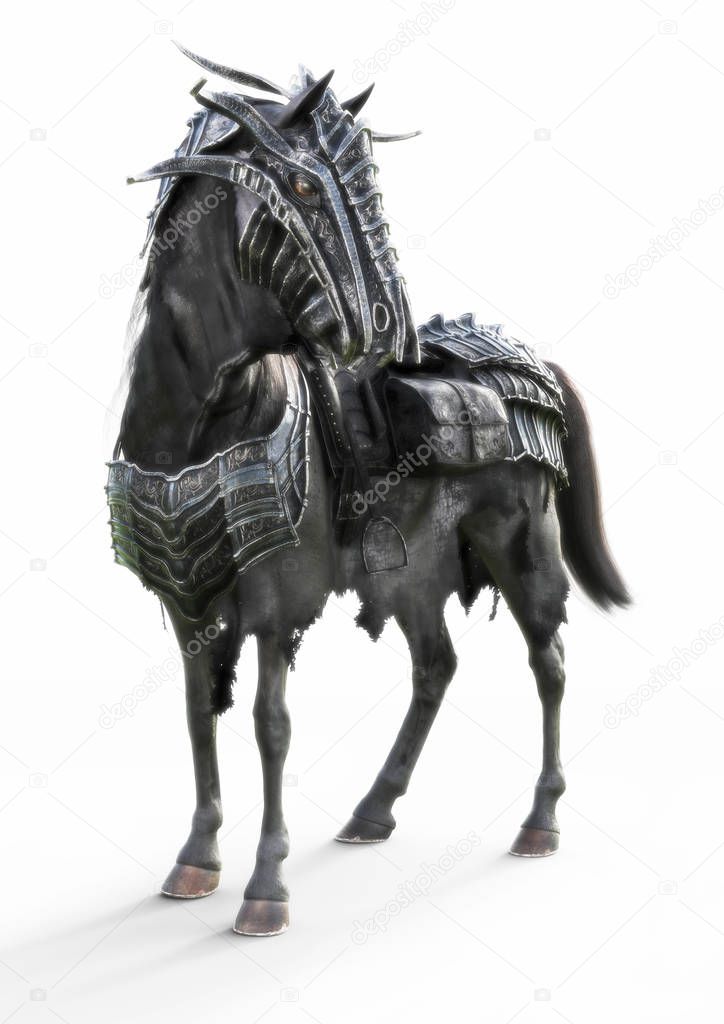 Front angled view of a posing black armored war horse on a isolated white background. 3d rendering
