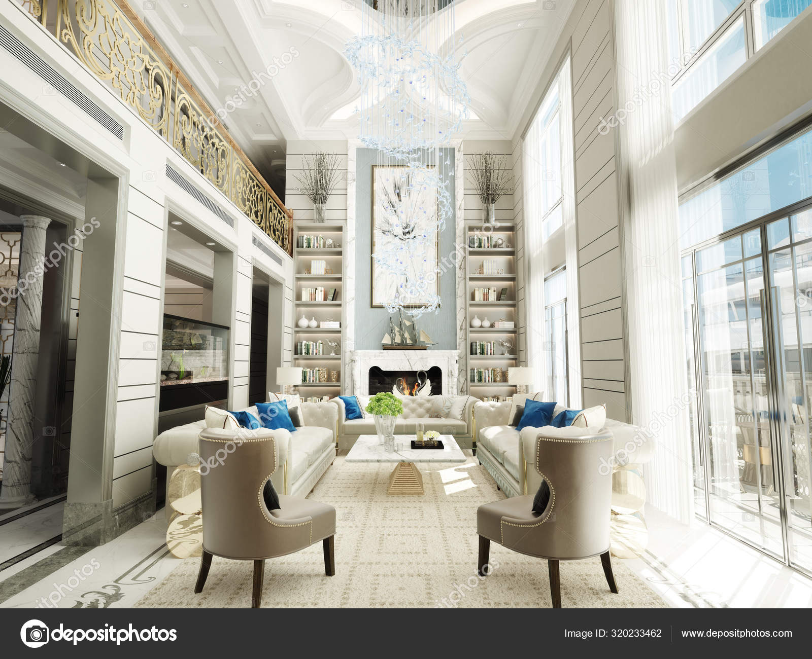 Luxury Estate Family Room Open Interior High Ceilings Chandelier