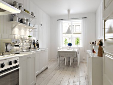 Yeme alanı ve basit aksan ile İskandinav çağdaş tarzı mutfak. 3d render