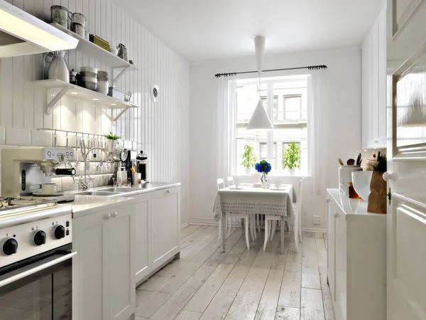 Scandinavische Eigentijdse Stijl Keuken Met Eetgedeelte Simplistische Accenten Rendering — Stockfoto