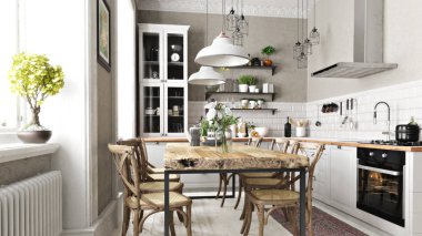 Yeme alanı ve basit aksan ile İskandinav çağdaş tarzı mutfak. 3d render