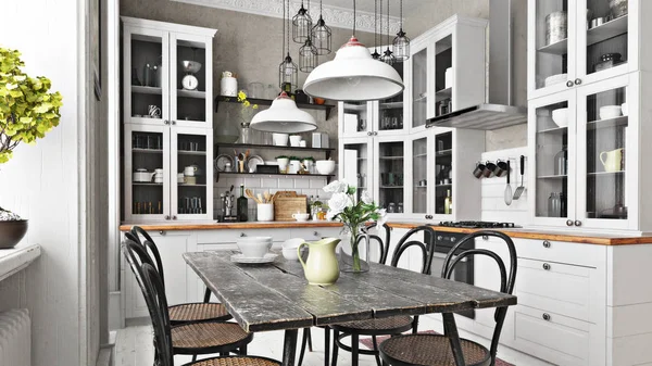 Cucina Stile Scandinavo Country Con Zona Pranzo Accenti Semplicistici Rendering — Foto Stock