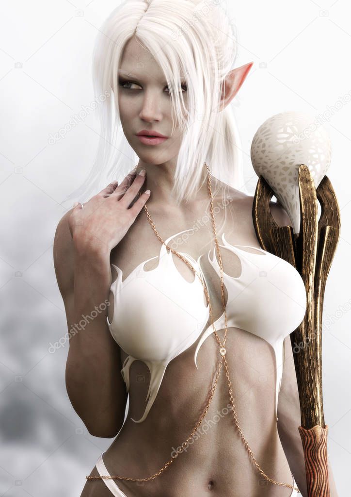 Portrait of a sensual fantasy dark elf female sorceress with white long hair,silk dress and holding a magical staff. 3d rendering . Fantasy illustration