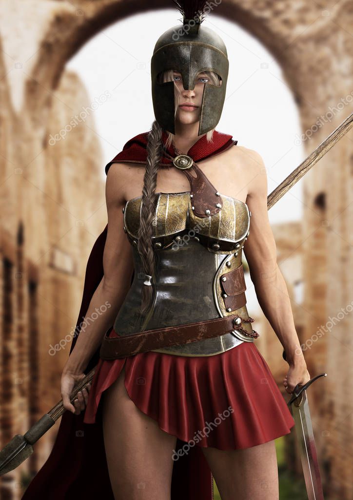 Heroic Spartan female stands ready for battle equipped with a spear and sword. 3d rendering