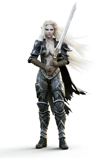 一个身穿厚重盔甲 性感的黑精灵女战士的画像 长发白发 手持一把剑 3D渲染 白色背景下的幻想插图 — 图库照片