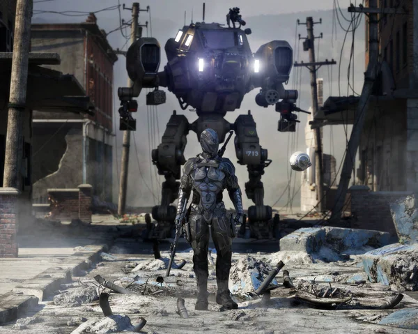 Futuristic Sci Warrior Walking Destroyed City Streets Scout Drone Mechanized — Stock Photo, Image