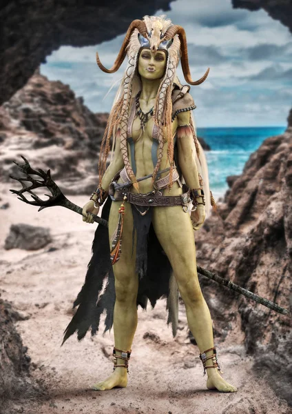 Portrait Fantasy Female Orc Shaman Standing Entrance Her Cave Staff — Stock Photo, Image