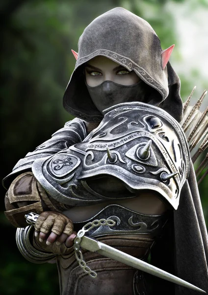 一个强大的装甲 黑暗精灵刺客弓箭手的肖像蒙面和隐蔽 并配备了匕首 Fantasy 3D渲染 — 图库照片