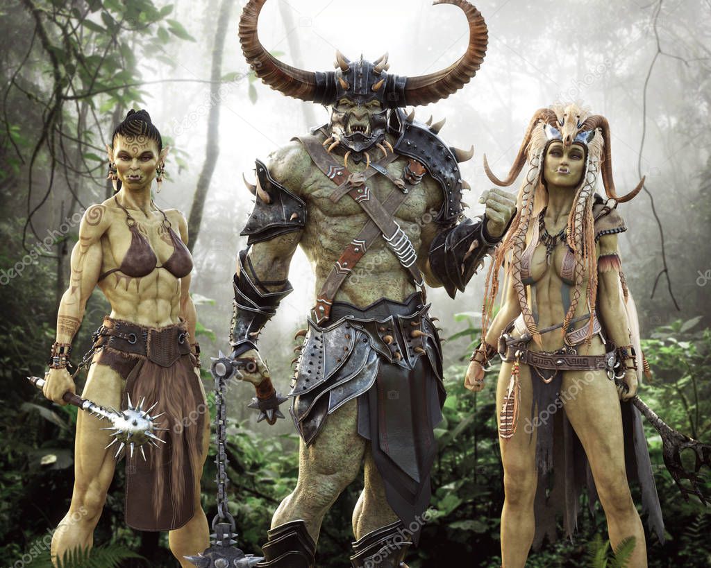Portrait fantasy Illustration of an Orc raiding party consisting of a male orc brute , hardened female warrior and mystical shaman mage. 3d rendering