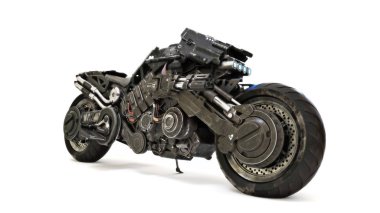 İzole edilmiş beyaz arka planda gelecekten gelen zırhlı motosiklet konsepti. 3d oluşturma