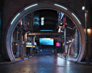 Şehir retro fütüristik arka planda neon aksanlı. Neo-noir biçimi 3d oluşturma.