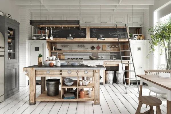 北欧の現代的なスタイルのキッチンエリアとシンプルな素朴な木のアクセントを食べる 3Dレンダリング — ストック写真
