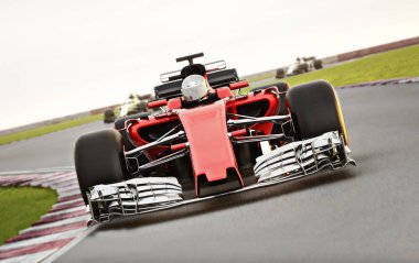 Motor sporları rekabetçi takım yarışı. Hızlı hareket eden genel yarış arabası sürüyü hareket bulanıklığıyla pistte koşturuyor. Metin veya kopyalama alanı olan 3d görüntüleme 