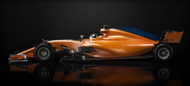 Motor sports competitive team racing. Sleek generic orange race car and driver with side view perspective, studio lighting and reflective background. 3d rendering clipart