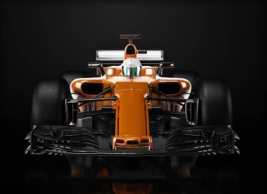Motor sporları rekabetçi takım yarışı. Gösterişli turuncu yarış arabası ve önden görüşlü sürücü, stüdyo ışıklandırması ve yansıtıcı arka plan. 3d oluşturma