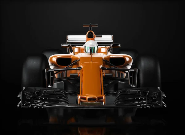 汽车运动竞赛队赛程 迷人的通用橙色跑车和司机与前景色的观点 工作室照明和反思背景 3D渲染 — 图库照片