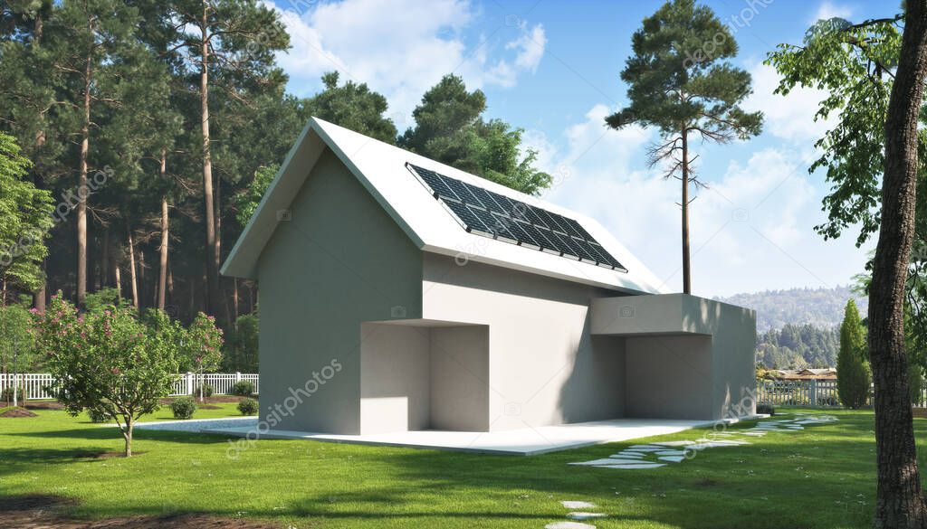 Solar energy home concept . Outline of a residential home exterior in a beautiful rural setting with solar power panels on the roof .Going green off the grid .3d rendering