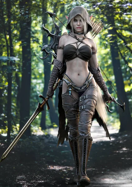 一个奇形怪状的头戴头巾 头戴白色长发的女战士走向摄像机的画像 配有一把剑和弓箭作为武器 3D渲染 幻想插图 — 图库照片