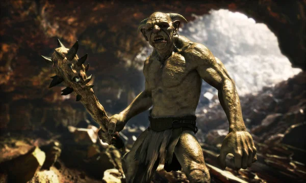 Portret Złego Trolla Kolczastym Klubem Wędrującego Przez Dużą Naturalną Jaskinię — Zdjęcie stockowe