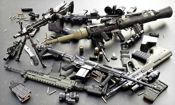 Fegyverek Katonai Minőségű Fegyverekkel Automata Gépkarabélyokkal Rpg Vel Kiegészítőkkel Renderelés — Stock Fotó