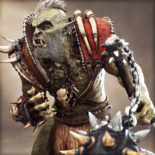 Erfahrener Bärtiger Wilder Orc Brute Krieger Traditioneller Rüstung Fantasiefigur Mit — Stockfoto