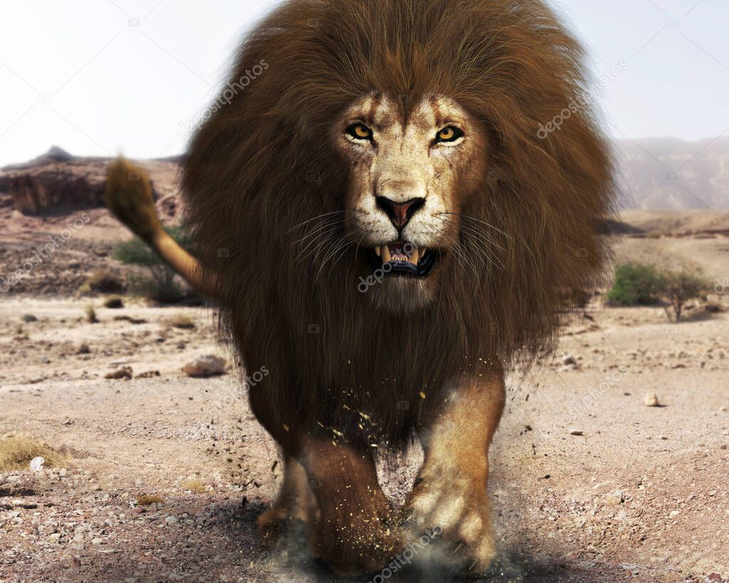 Portrait of a ferocious angry lion, lord of the jungle in black and white. 3d rendering