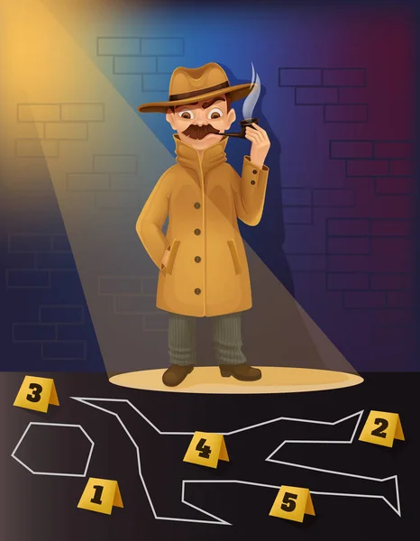 Detective personaje de investigación escena del crimen. Vector plano ilustración de dibujos animados — Archivo Imágenes Vectoriales
