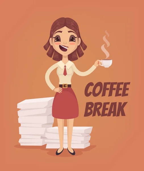 Coffee break. Happy office woman character. Vector flat cartoon illustration — Stock Vector