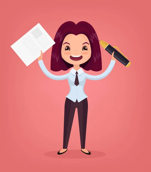 Document geeft manager werknemer vrouw karakter voor ondertekening. Vectorillustratie platte cartoon — Stockvector