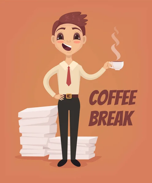 Coffee break. Happy office worker man character. Vector flat cartoon illustration — Stock Vector