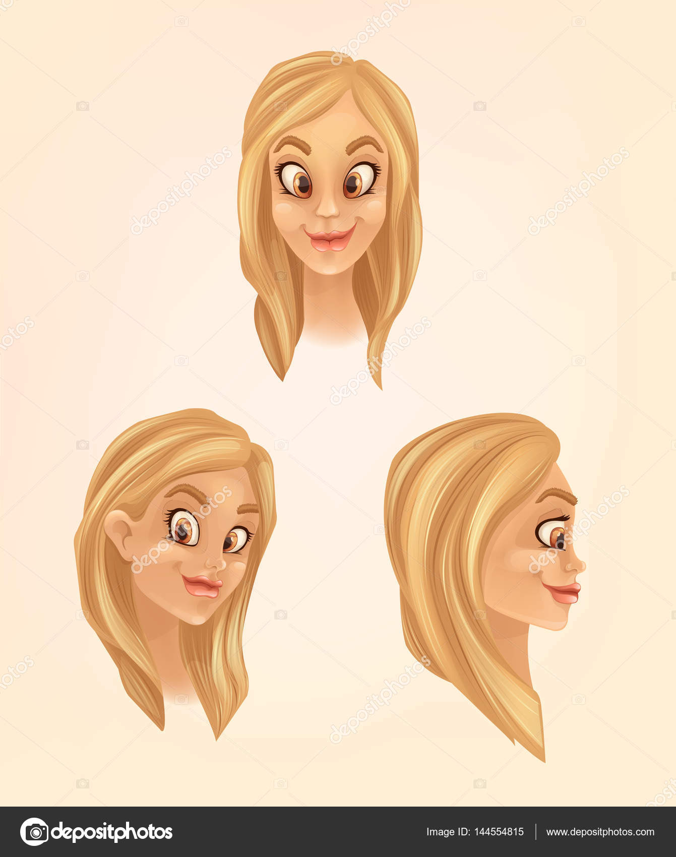 Blonde Woman Character Head From Different Angles Vector Flat