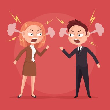 Man and woman office workers characters quarreling. Vector flat cartoon illustration clipart